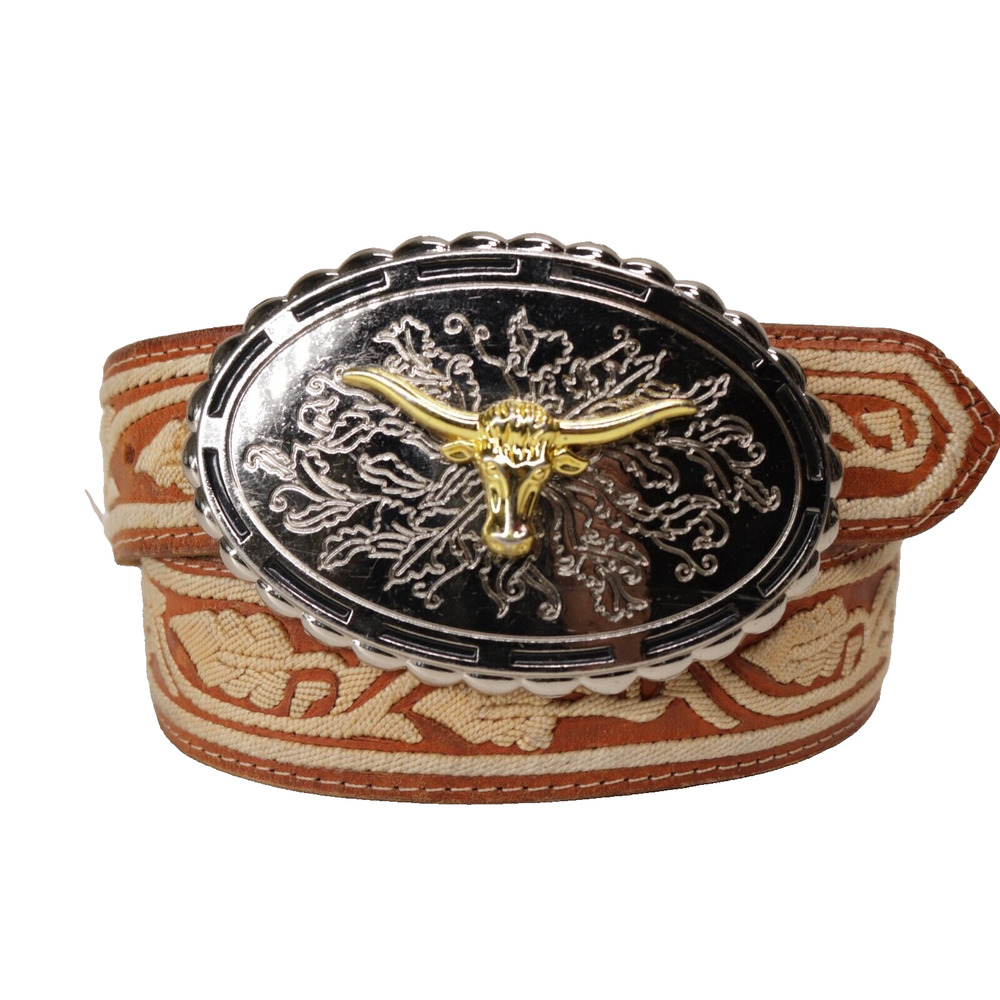 Western Steer Belt S M Brown Cream Floral Embroider Silver Tone Oval Buckle